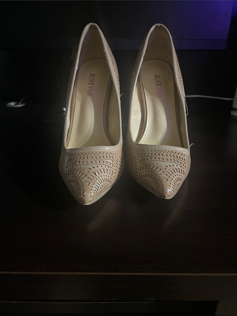 JustFab Nude Laser-Cut Pointed Toe Pumps